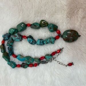 Statement Turquoise and Red Beaded Necklace